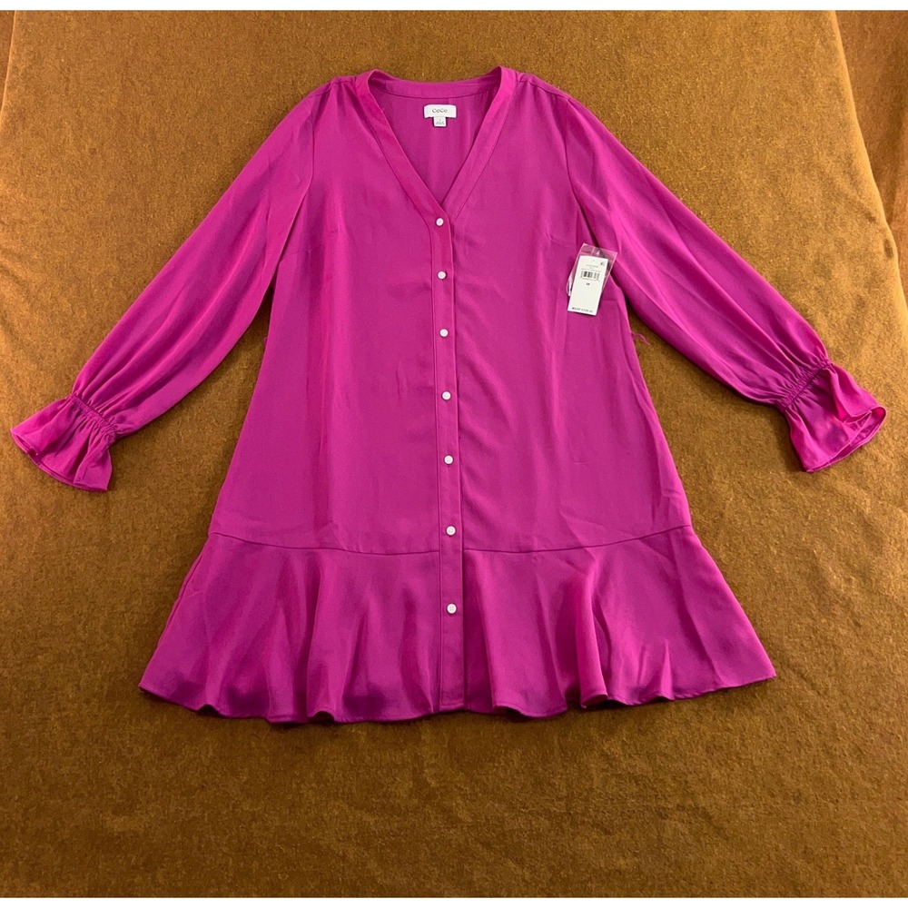 CeCe Womens Medium Deep Orchid Ruffle Cuff Button Front Flounce Hem Dress NWT
